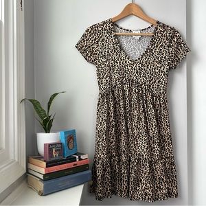 Cheetah Print Babydoll Dress with ruffles and V-neckline